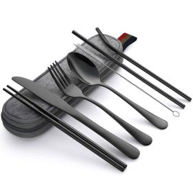 Titanium-plated Stainless Steel Portable Tableware (Option: Gray Bag Black Tableware Set)